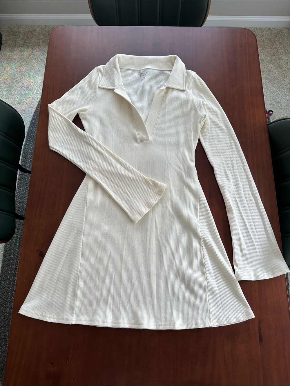 American Eagle Outfitters Cream Ribbed Long-Sleeve Polo Dress